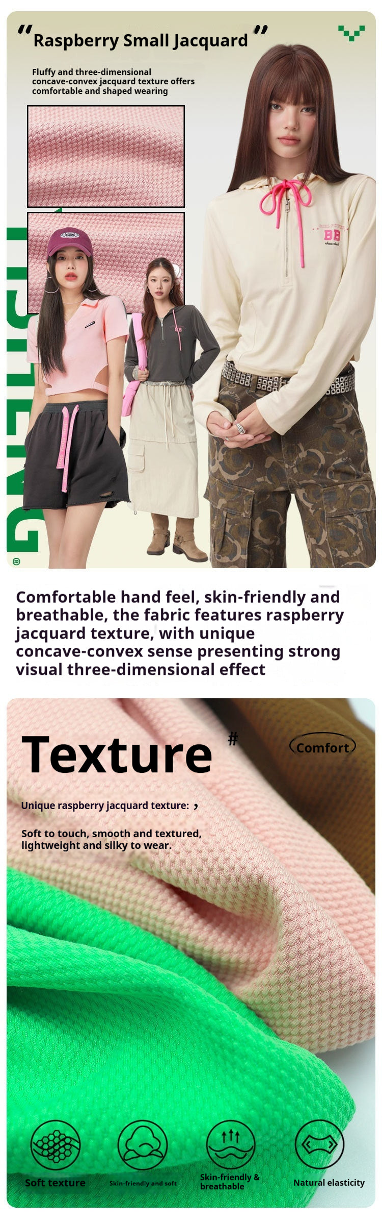 260g Textured Sweatshirt Fabric Polyester Cotton Blend, Bubble Jacquard Fabric for Fashion Brand T-shirt & Polo Shirt, Breathable & Moisture Wicking